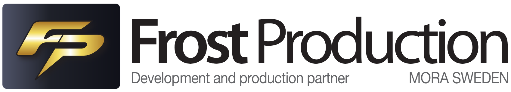 Frost Production logotyp med guldfärgad ikon med svart bakgrund och svart text.